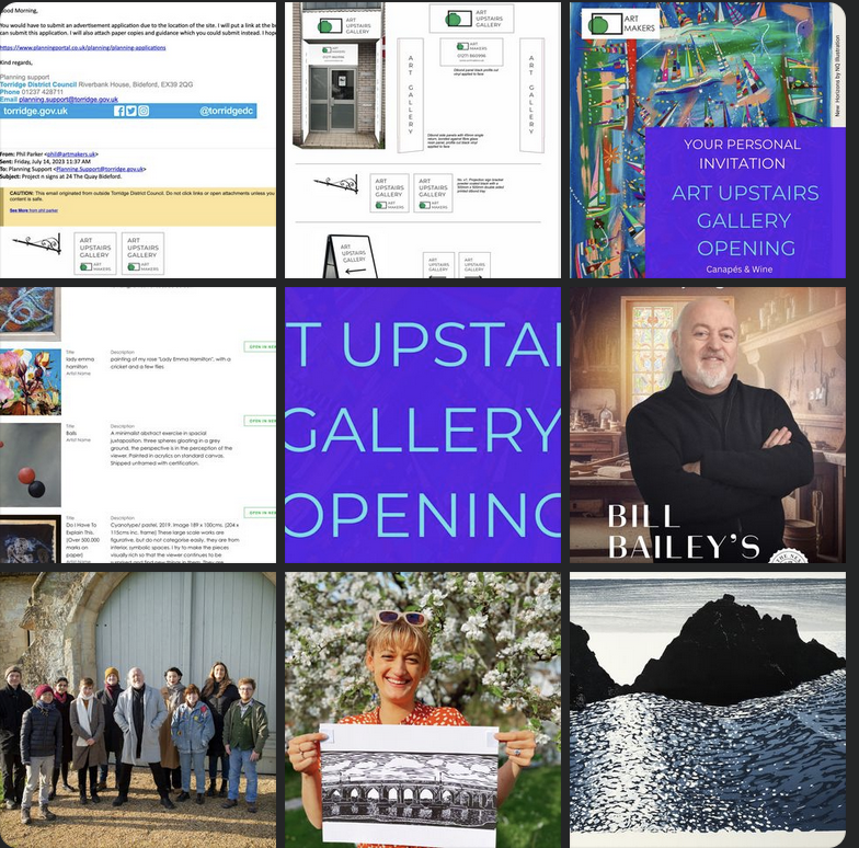 Art Upstairs opening features in six images from a Facebook home page.