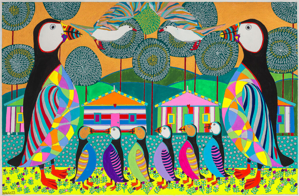 Brightly coloured image of a row of multi-coloured puffins stand in front of two houses surrounded by the images of holidays.