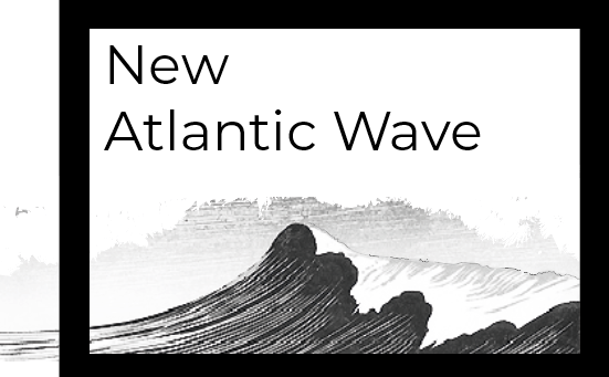 A black and white image of a large cresting wave breaking inside a black frame wihththe text 'New Atlantic Wave ' above it.