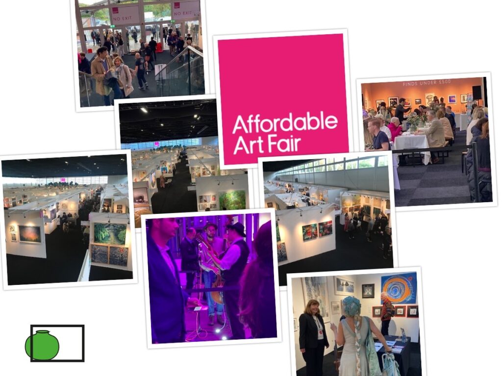 Acollage of sqaure images containing different artistisc images surrounding the logo of the Affordablel Art Fair.